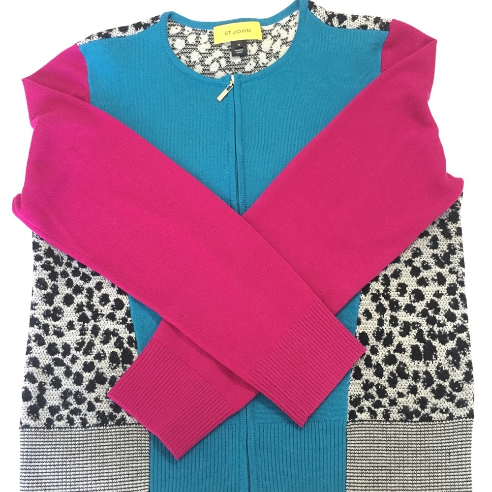 St. John | Wool Zip Cardigan Sweater Color Block
